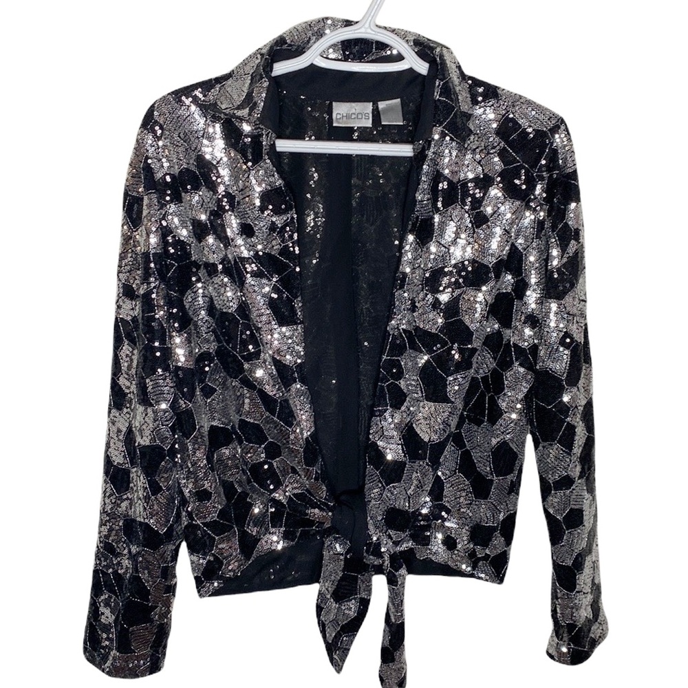 Chicos black and silver sequined front tie overshirt size M